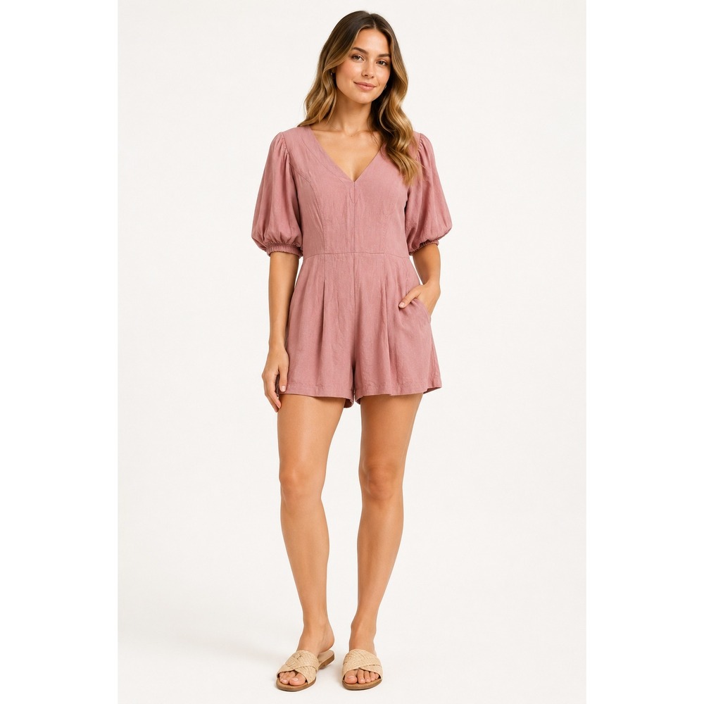 Express Womens Pink Linen Blend V-Neck Puff Sleeve Romper Size L